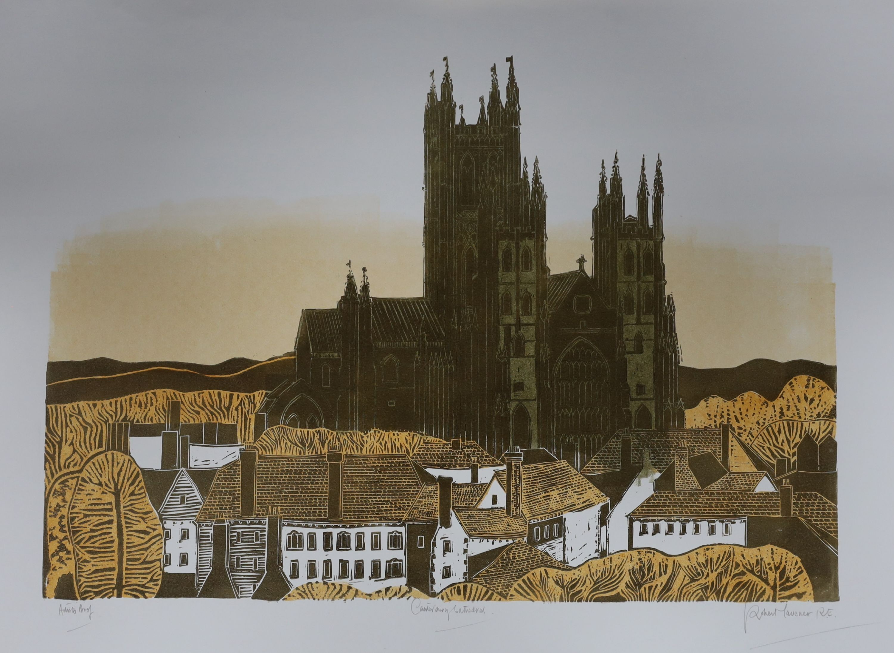 Robert Tavener (1920-2004), two artist proof linocuts, 'Canterbury' and 'Canterbury Cathedral', signed in pencil, largest 57 x 79cm, both unframed